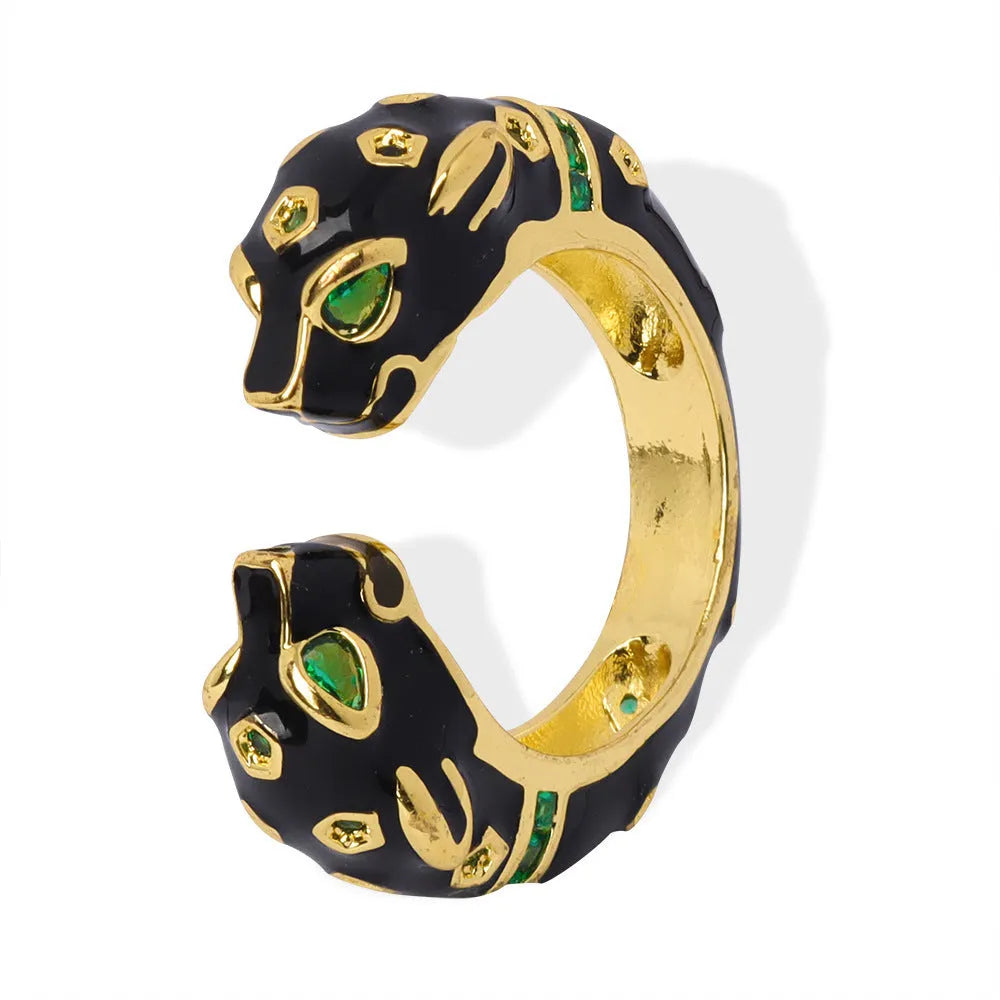Black cheetah pattern geometric open ring for women in size 7 with copper electroplated construction
