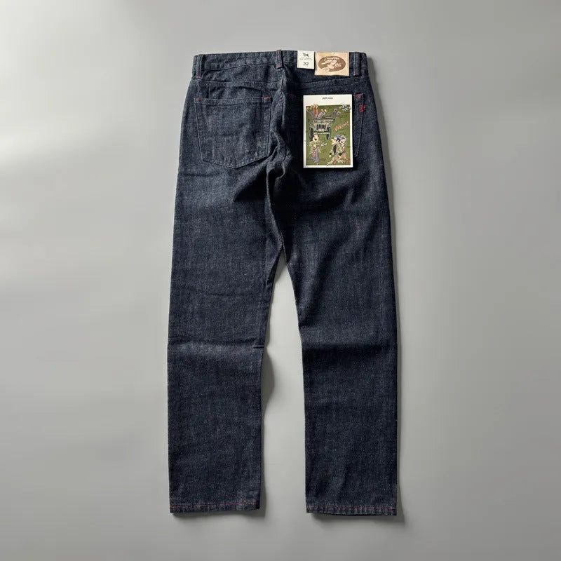 Men's straight leg jeans in American retro style with mid waist design and cotton denim fabric