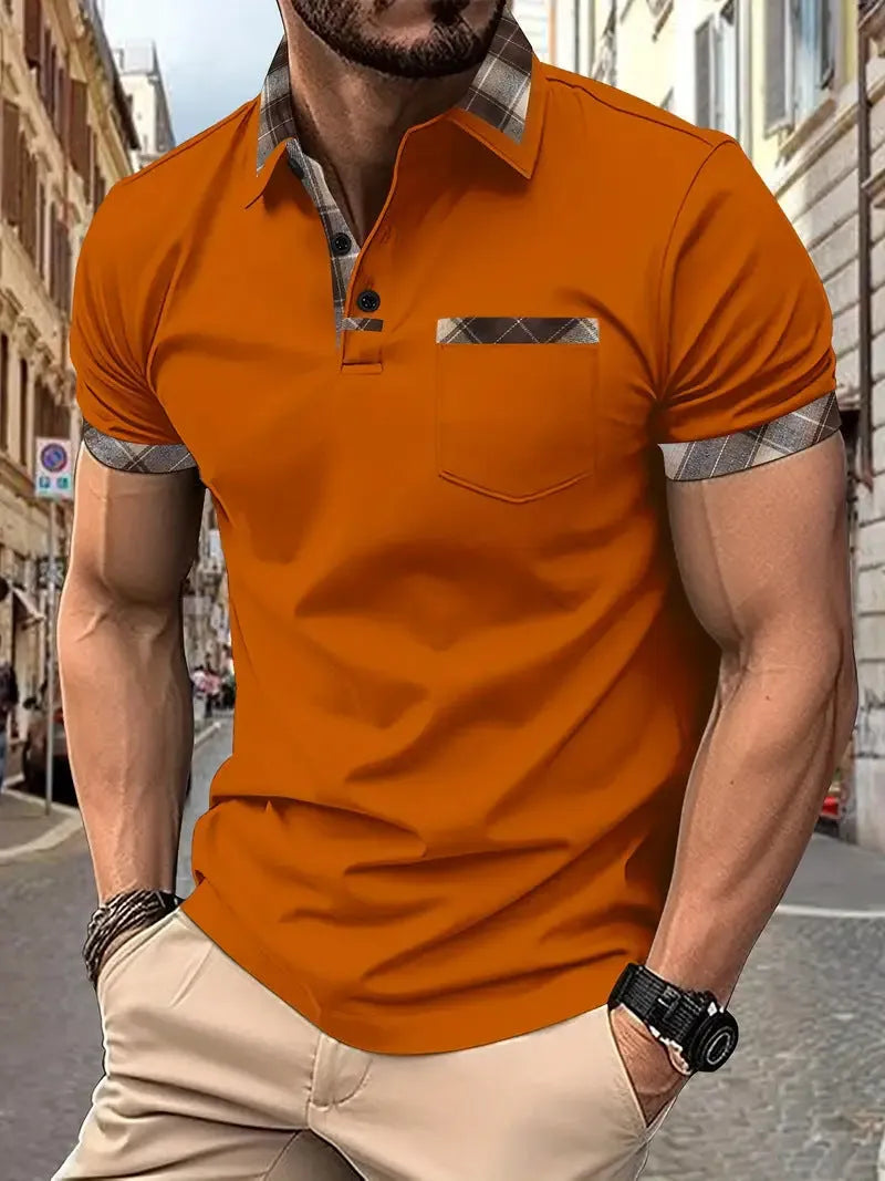 Men's plaid colourblock t-shirt with zipper decorations in loose fit for summer casual wear