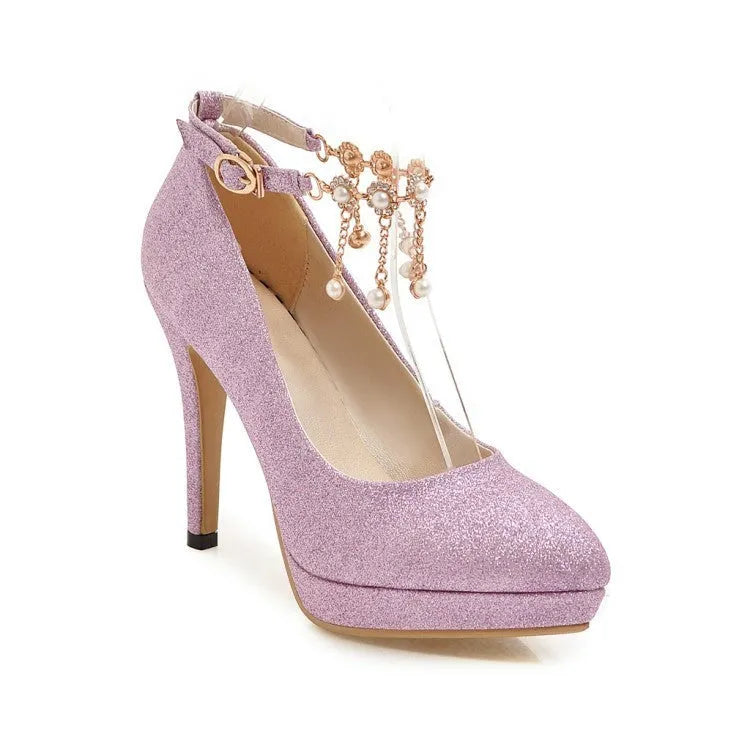 Women's platform high heels with stiletto heel in blue colour showing pointed toe and fabric upper