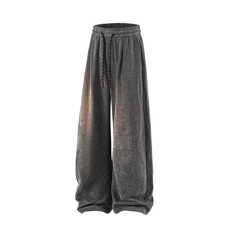 Straight-leg fleece-lined trousers in light grey on a hanger, showing elastic waistband.