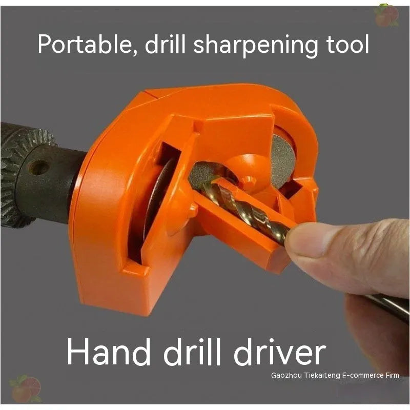 Universal portable grinding drill tool with orange and black sanding wheels attached for irregular surface work