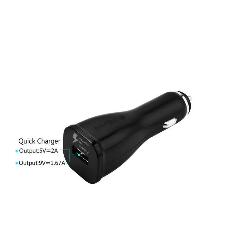 White QC2.0 single port USB car charger showing compact dimensions for vehicle installation