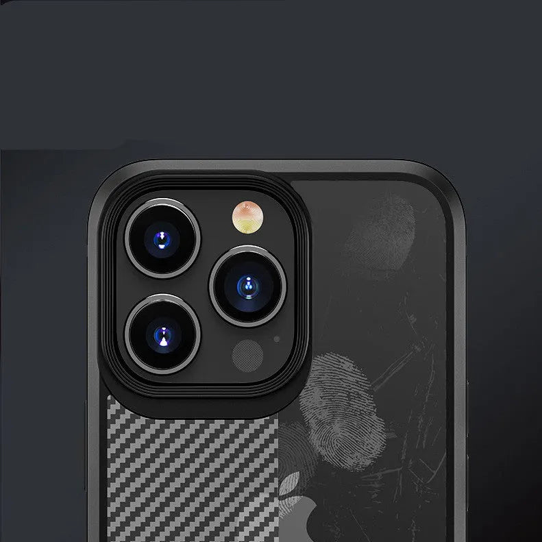 Black iPhone 13 protective case with carbon fibre pattern showing back cover design