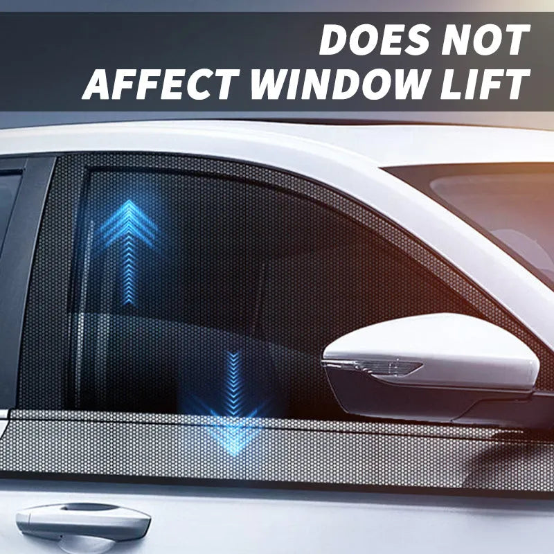 Car side window sunshade mesh cover installed on vehicle door with elastic strip fixation