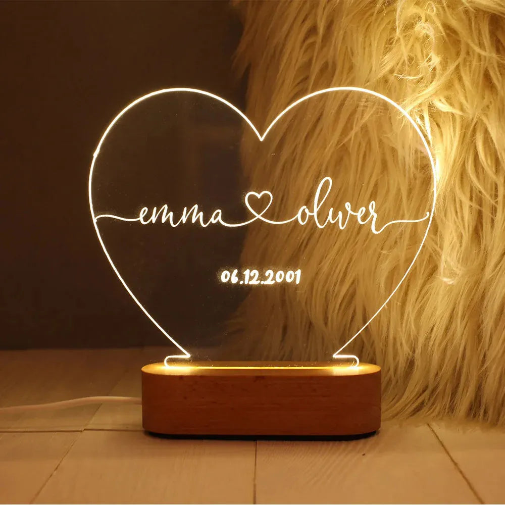 Custom acrylic LED night light with personalised names and dates, 20cm tall modern design