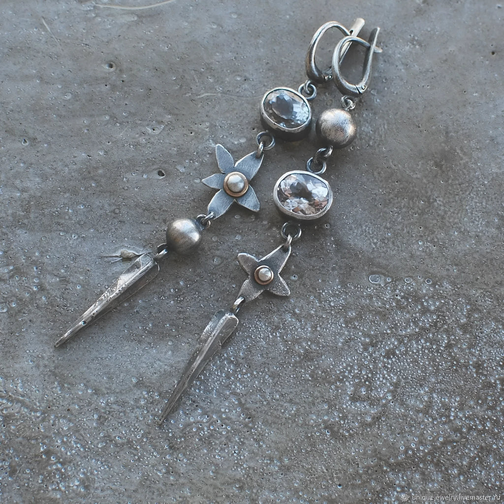 Geometric antique silver earrings with long rhinestone pendants and XINGX design
