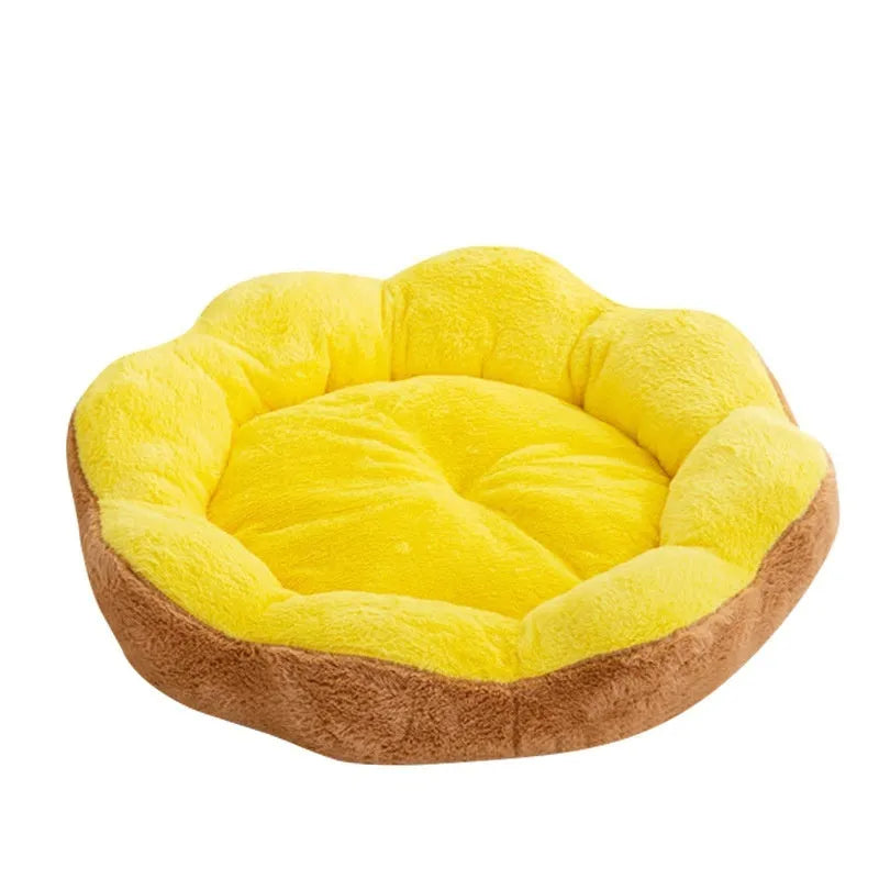 Round rabbit plush cat bed in brown grey colour showing detachable design