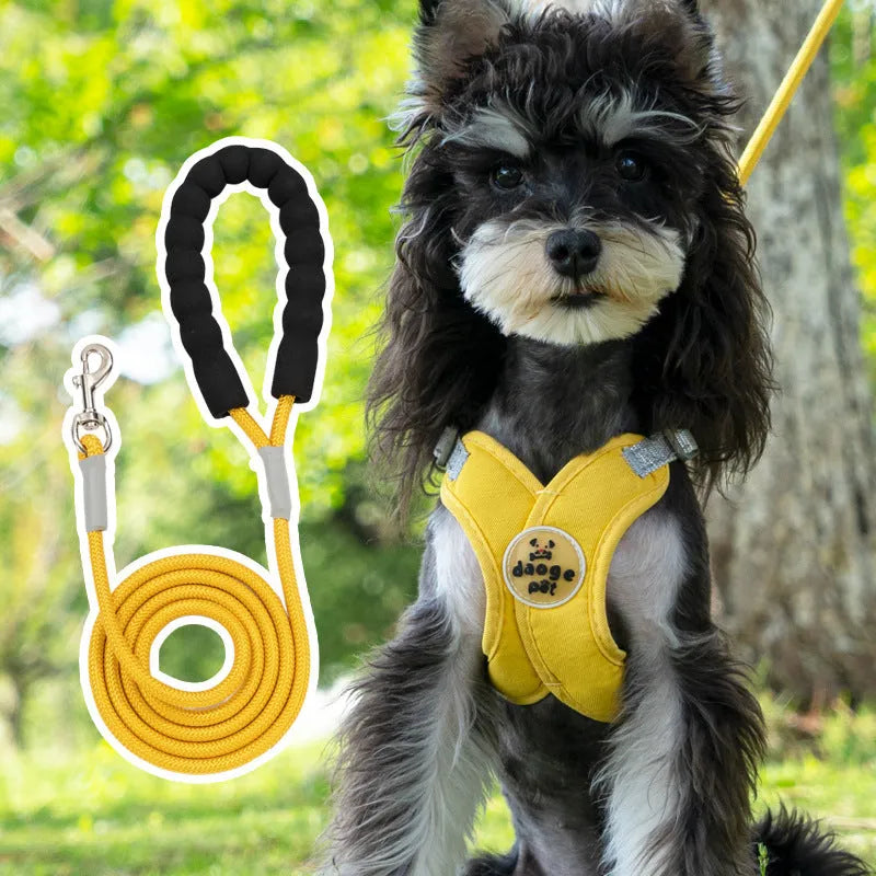 Adjustable polyester pet vest harness with hand holding rope in blue, green, pink or yellow colours