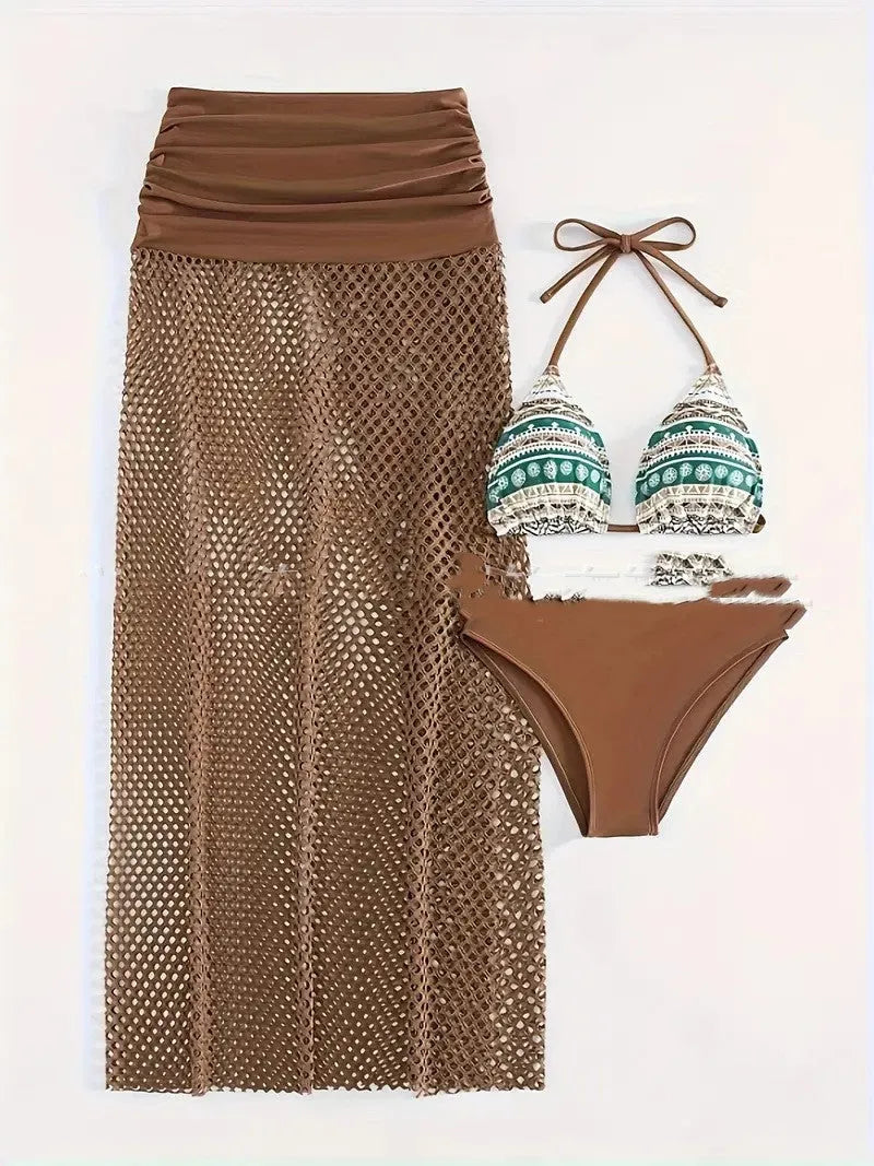 Women's gradient fishnet long skirt bikini three-piece set in European-American style