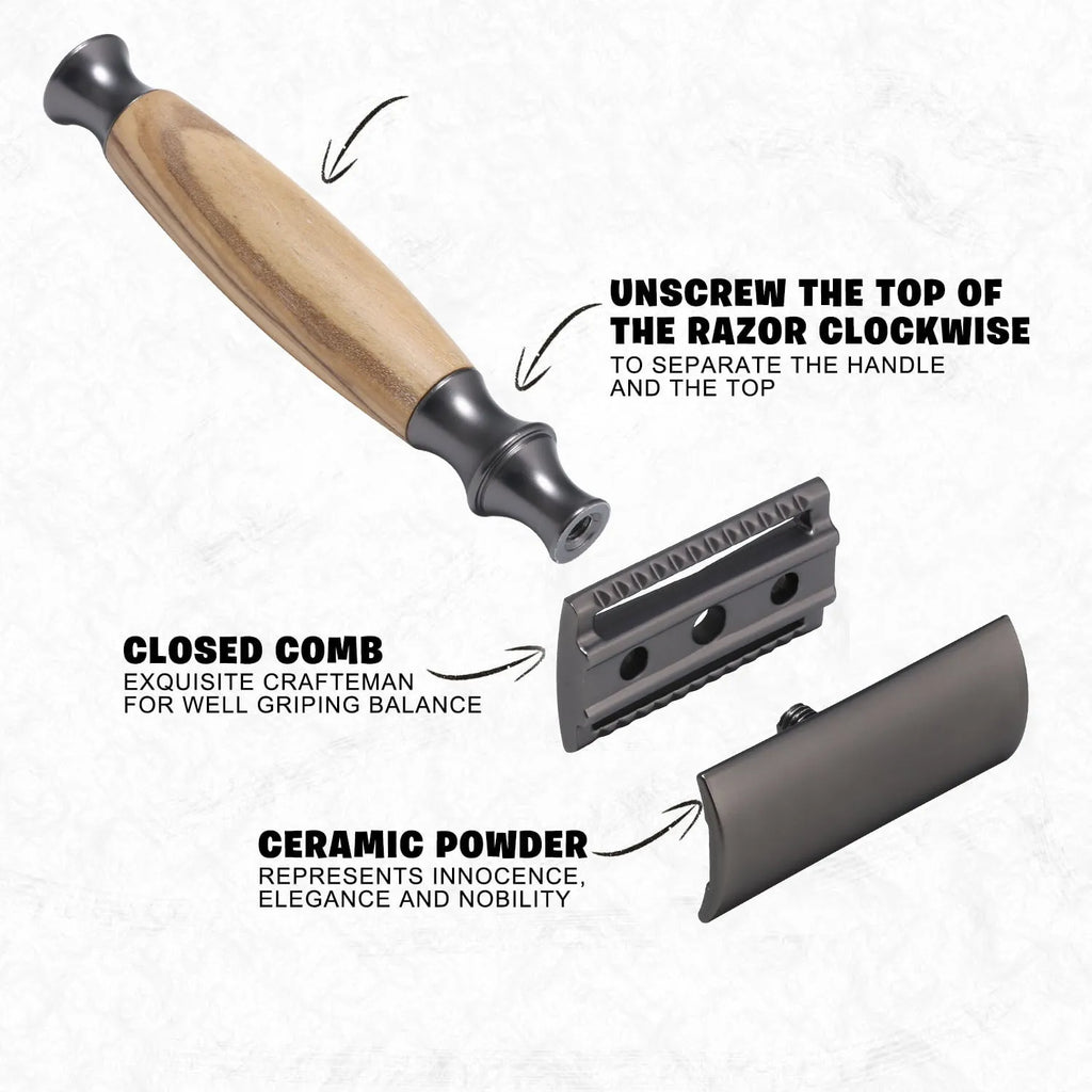 Men's copper manual safety razor with olive wood handle and aluminium alloy holder