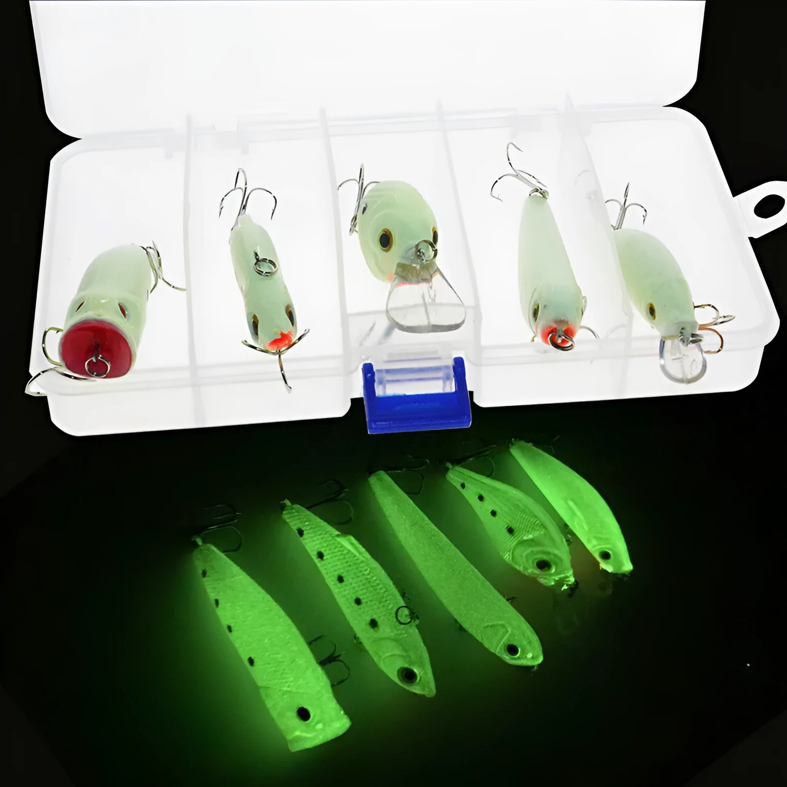 Five fluorescent 3D simulation submerged luminous hard bait fishing lures in box for predator fishing