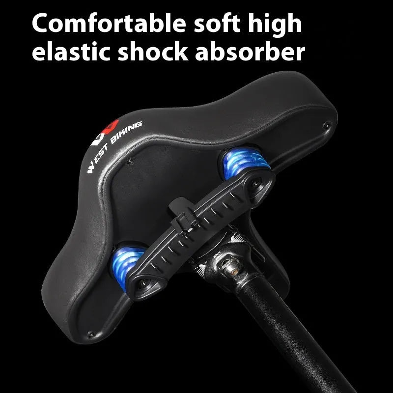 Black bicycle seat cushion with leather surface and polyurethane foam interior for shock absorption