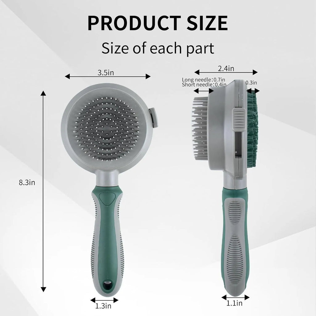 Green two-sided silicone pet brush with retractable slicker on one side and octopus-teethed massager on the other