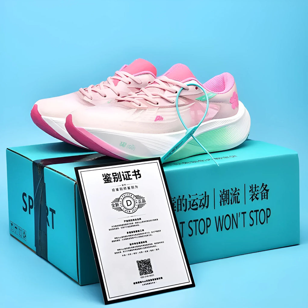 Low-top racing sneaker with carbon plate technology, PU mesh upper, and natural rubber sole in multiple colour options.