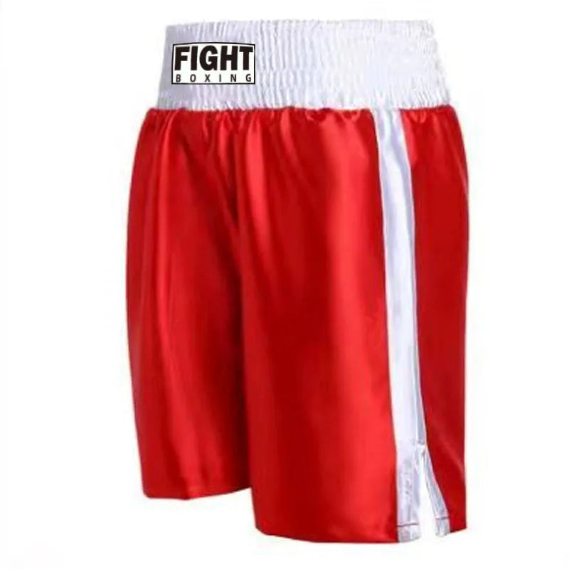 Boxing shorts for kick boxing training in various colour combinations like black and white striped, black and gold, and black and red.