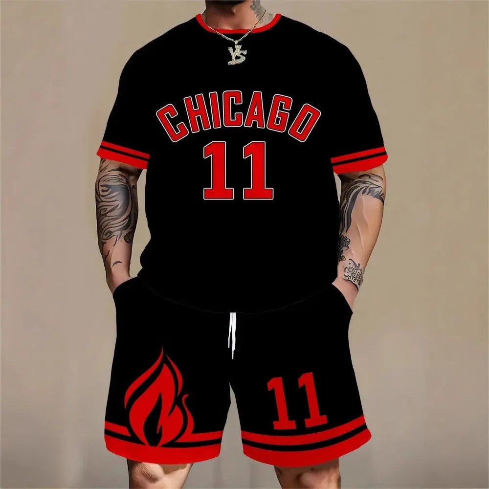 Men's personality letter 3D printing sport suit with short sleeves and matching shorts