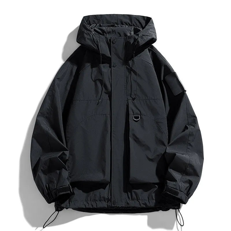 Men's black windproof waterproof hooded jacket in polyester blend fabric