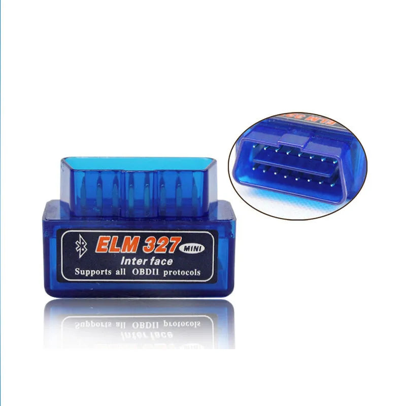 ELM327 Mini V2.1 Bluetooth OBD2 car diagnostic scanner and fault code reader on a dark background.
