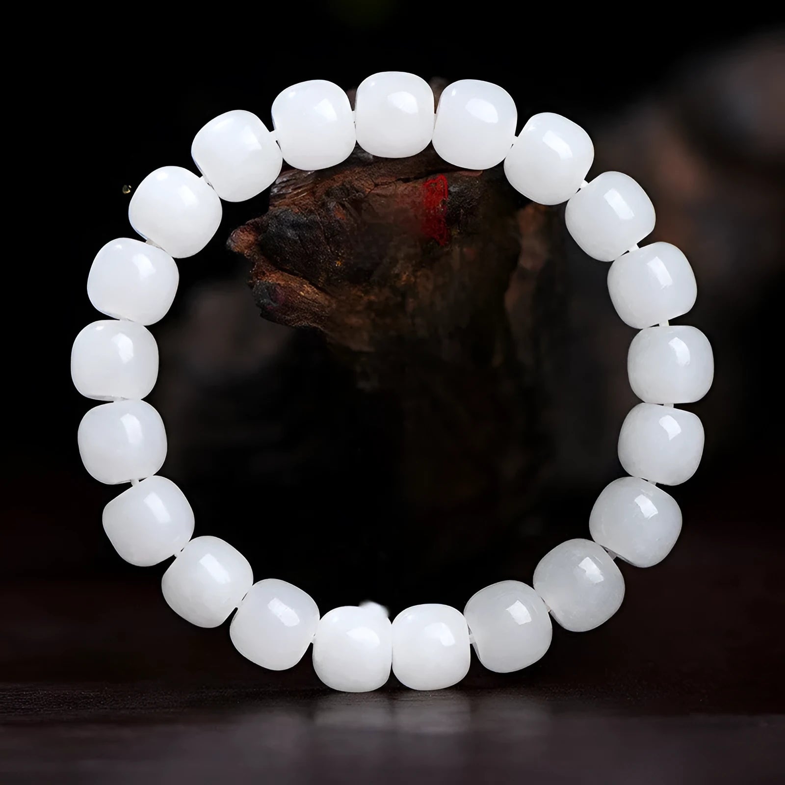 White Hetian jade barrel bead bracelet showing three size options: 5x6mm, 7x8mm, and 8x10mm beads.