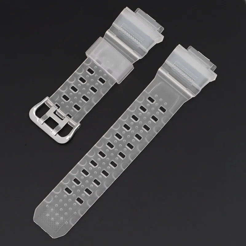 Camouflage pattern TPU watch strap with silver buckle showing 19cm length