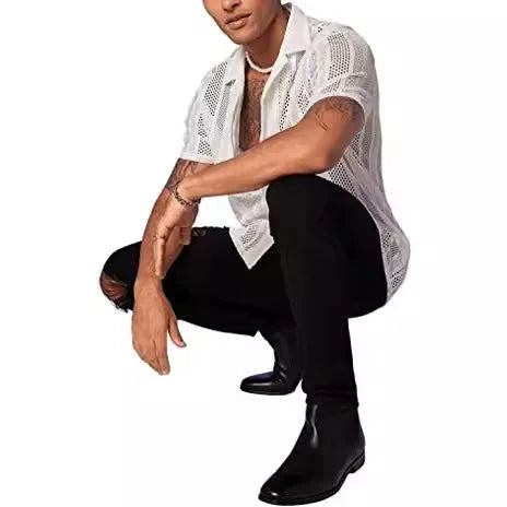 Men's black knitted short-sleeved button shirt with jacquard texture and regular fit