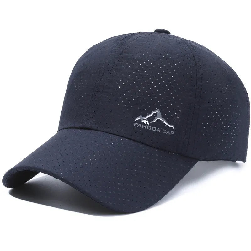 Adjustable baseball cap in polyester fabric on a solid colour background, showing dome crown and strap.