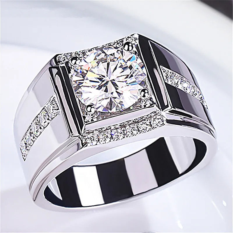 Geometric diamond zircon men's ring in rose gold on a hand, showing adjustable open mouth design.