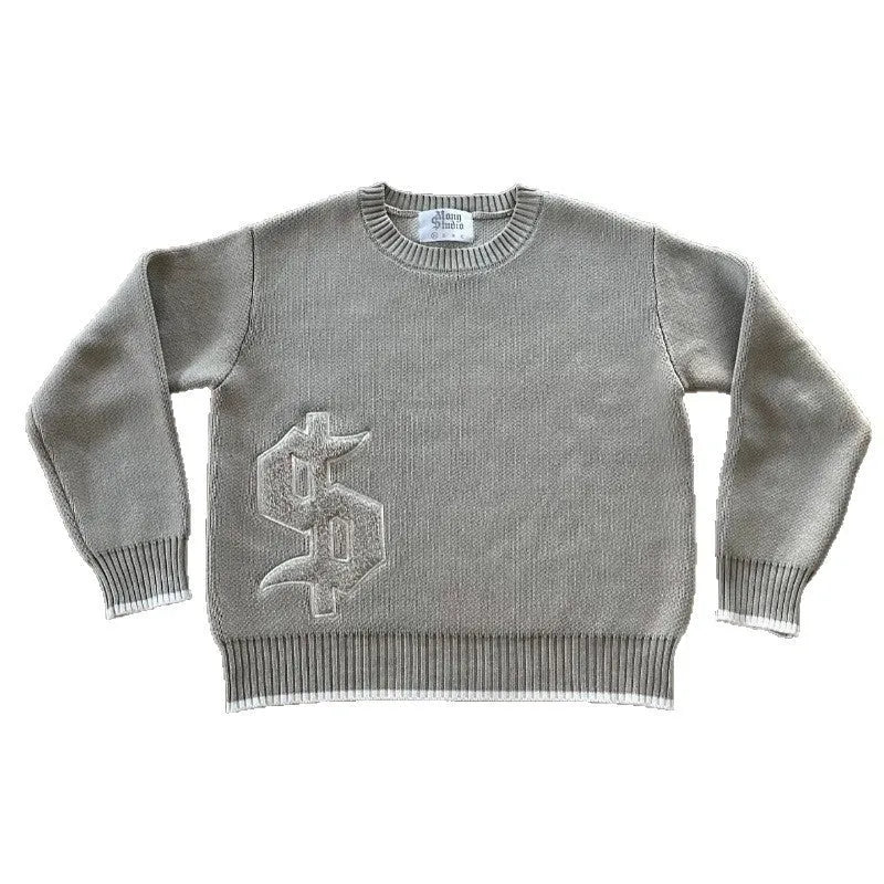 Grey jacquard knitwear coat with loose-fitting pullover style and long sleeves for autumn winter wear