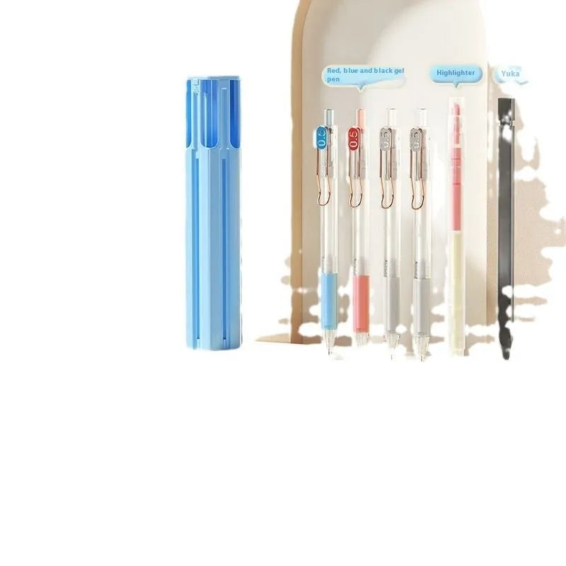 Plastic pressing pen kit for six pens in pencil case with colour options