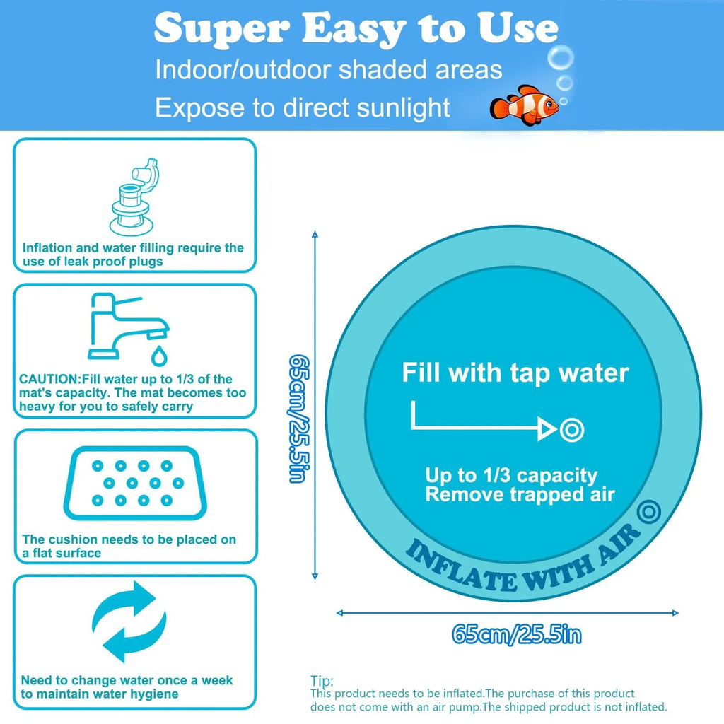 Thickened PVC water playmat for cats with ocean fish design and floating toys on a blue surface.