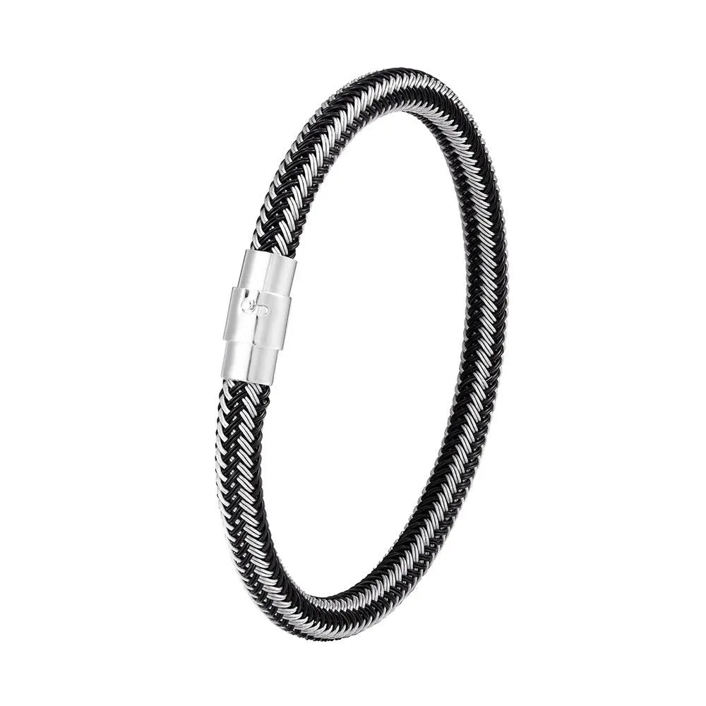 Titanium steel geometric wire bracelet with magnetic clasp shown in silver tone.