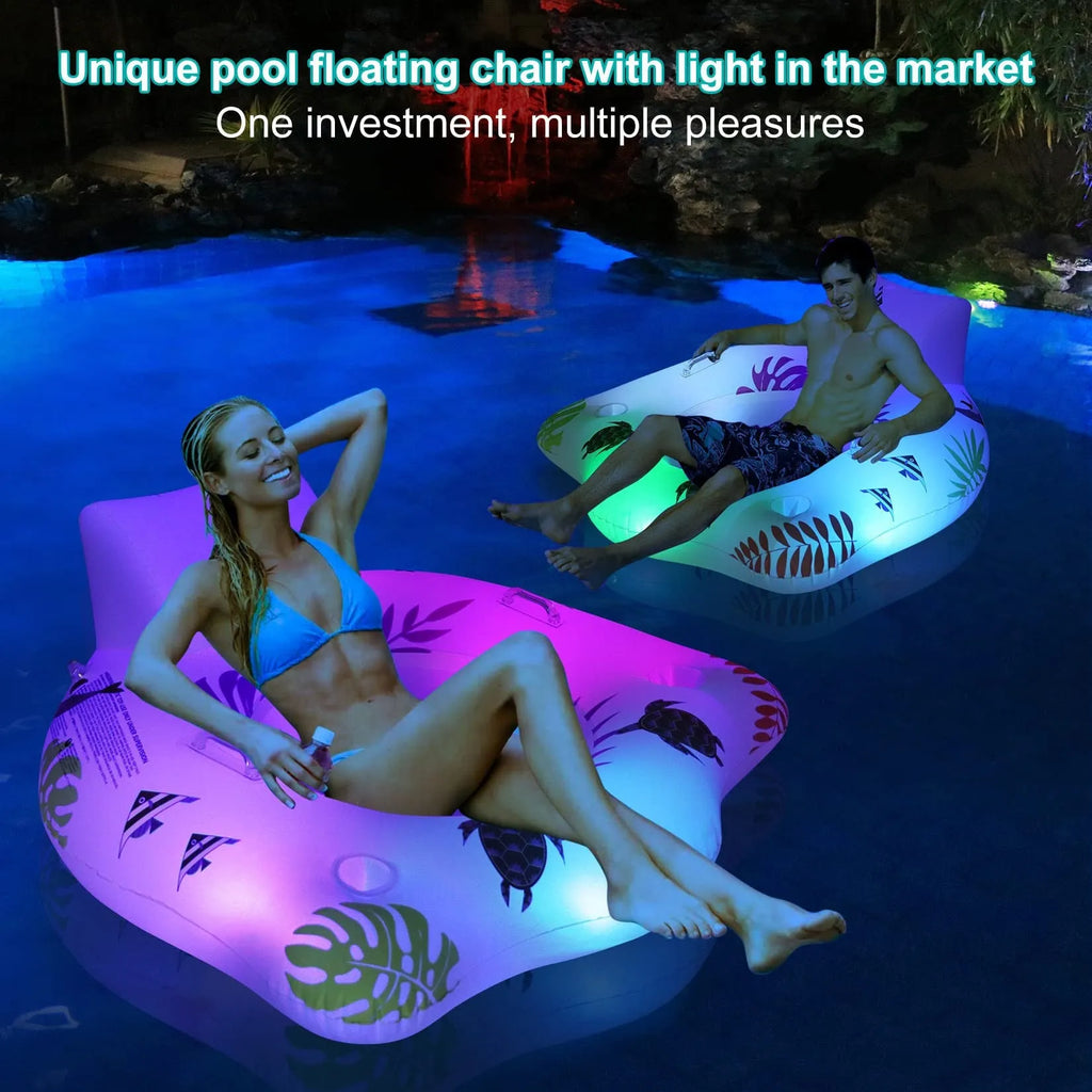 White luminous U-shaped inflatable float lounger on water, measuring 120cm by 120cm.