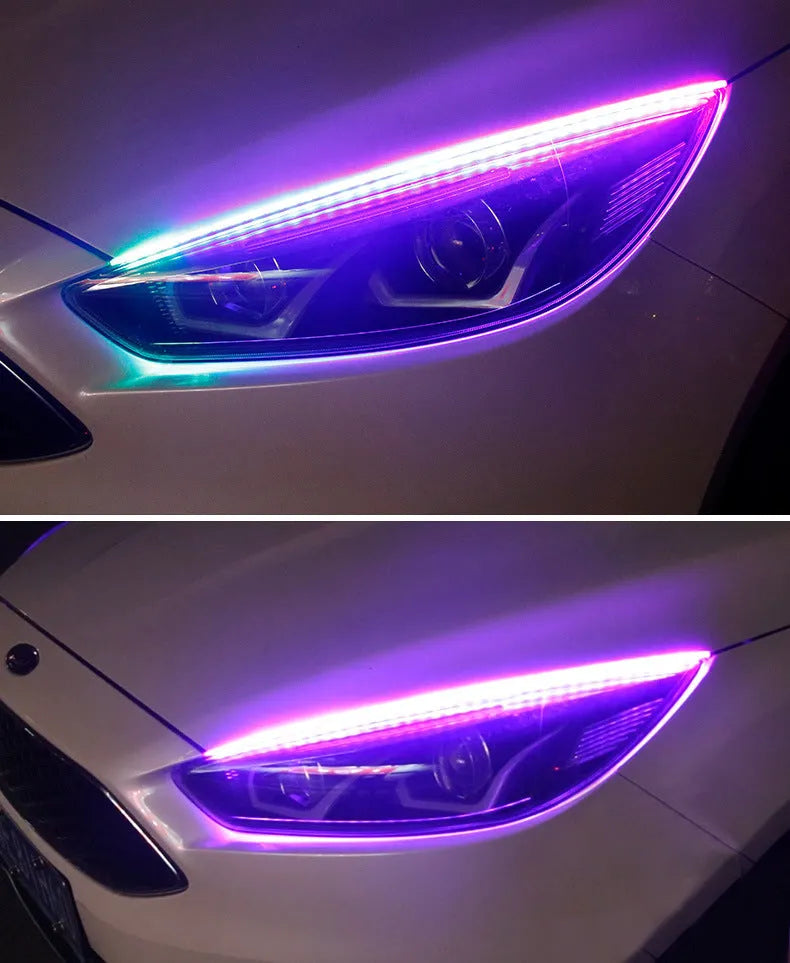RGB colour-changing LED daytime running light strip with remote control for General Motors cars.
