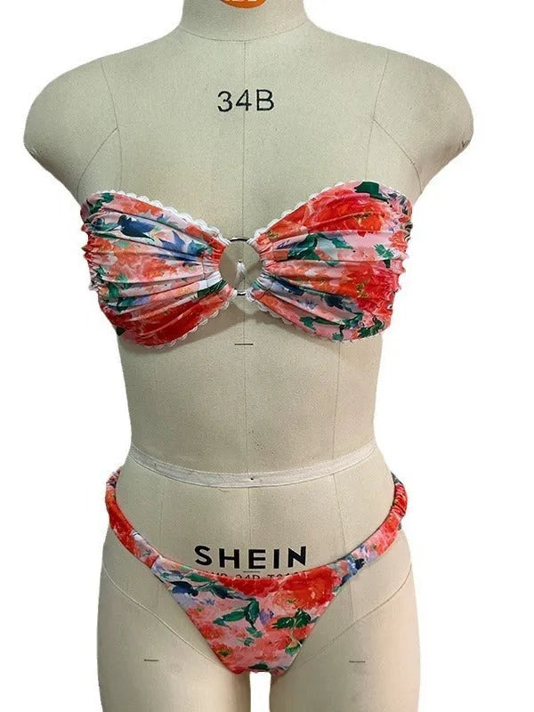 Women's floral printed bikini set with lace-up tube top and coordinating shorts for swimming