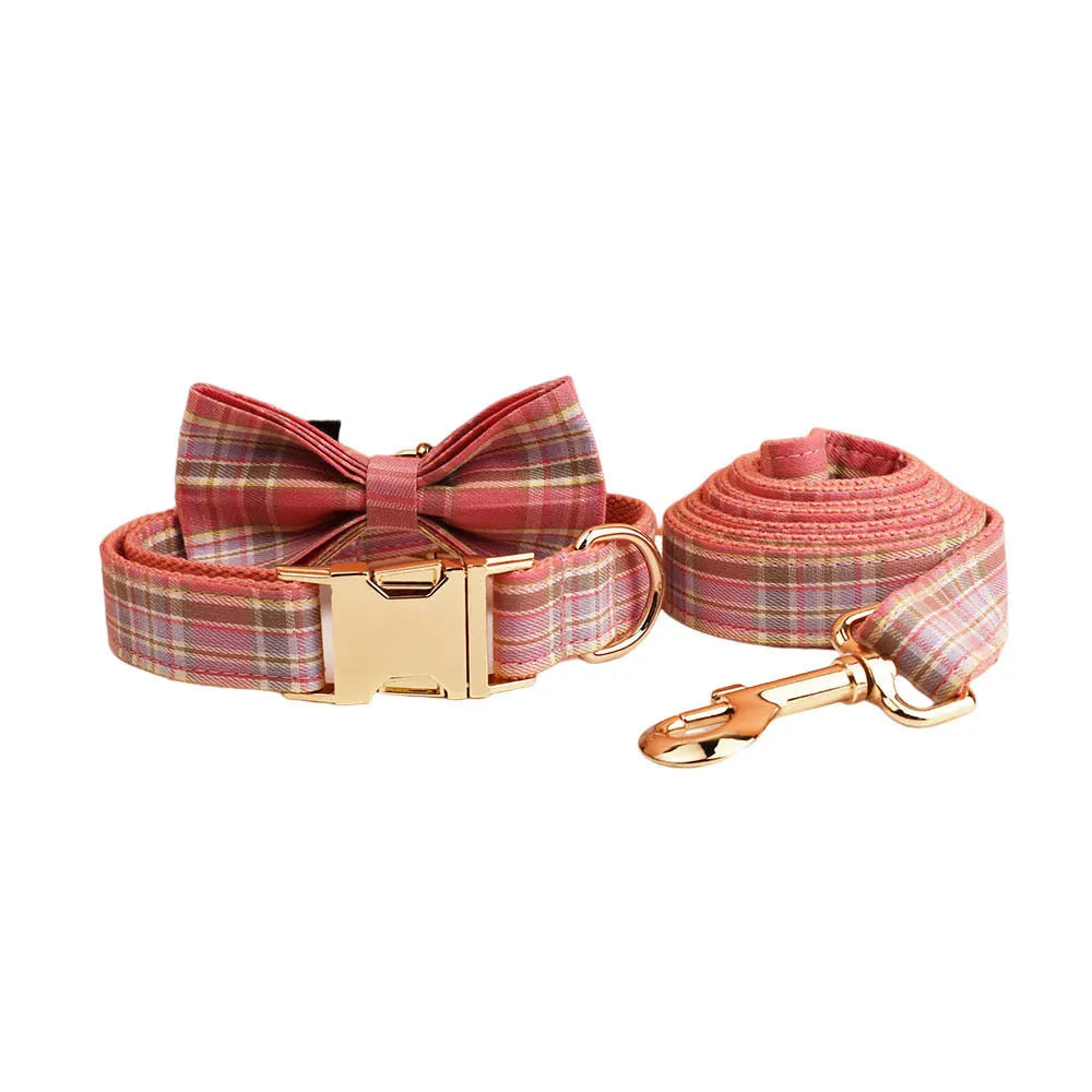 Plaid cloth pet collar traction rope set with dog leash, bow, and dog vest for small dogs