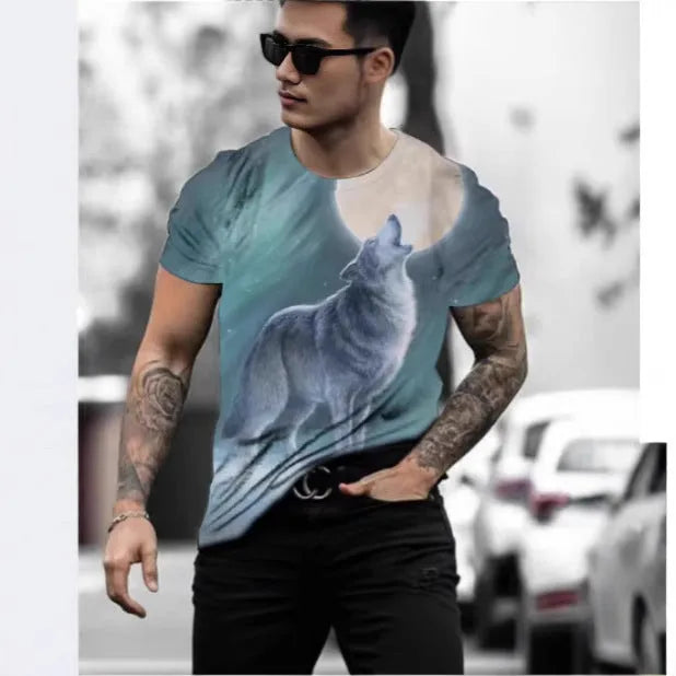 Retro 3D animal graphic printed on a men's grey short-sleeved T-shirt.