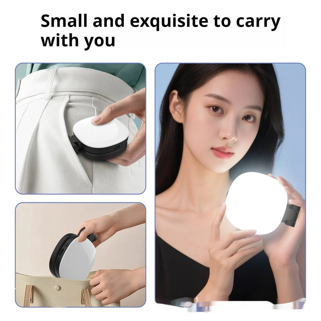 Black and white mobile phone selfie fill light with magnetic attachment and adjustable colour temperature settings