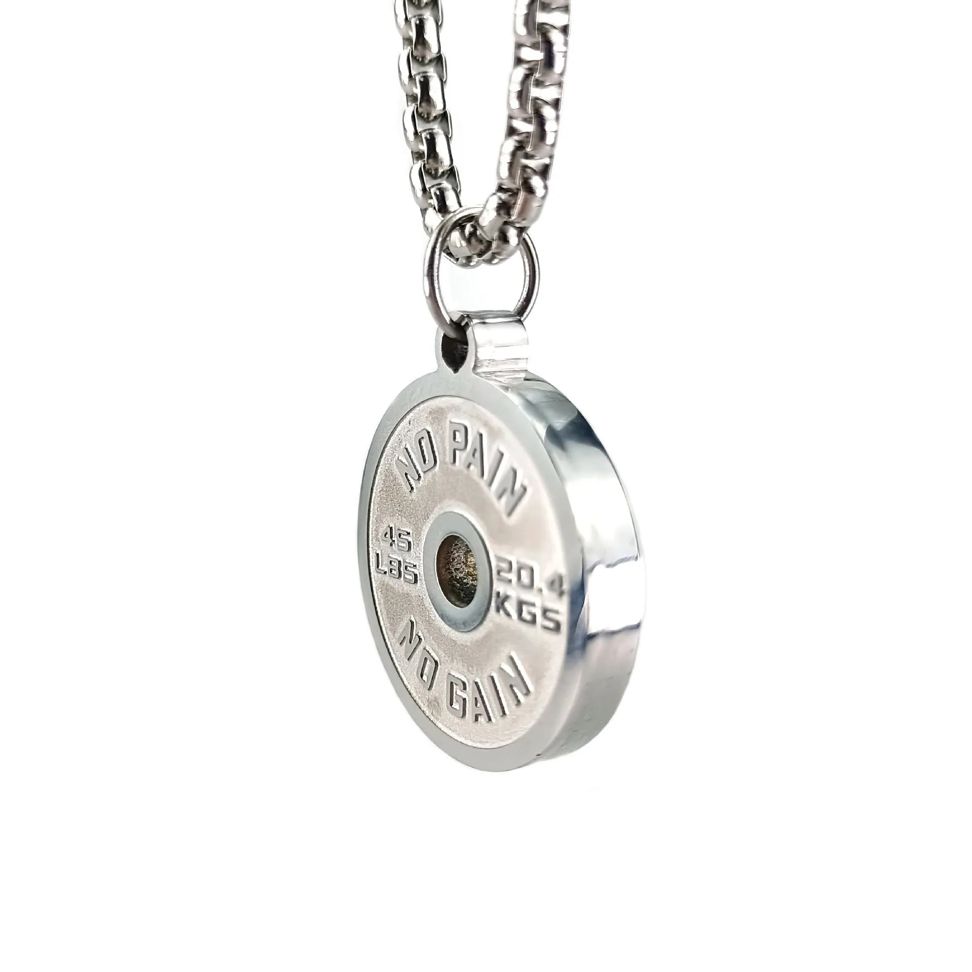Stainless steel barbell disk pendant necklace on 60cm chain with geometric weightlifting design