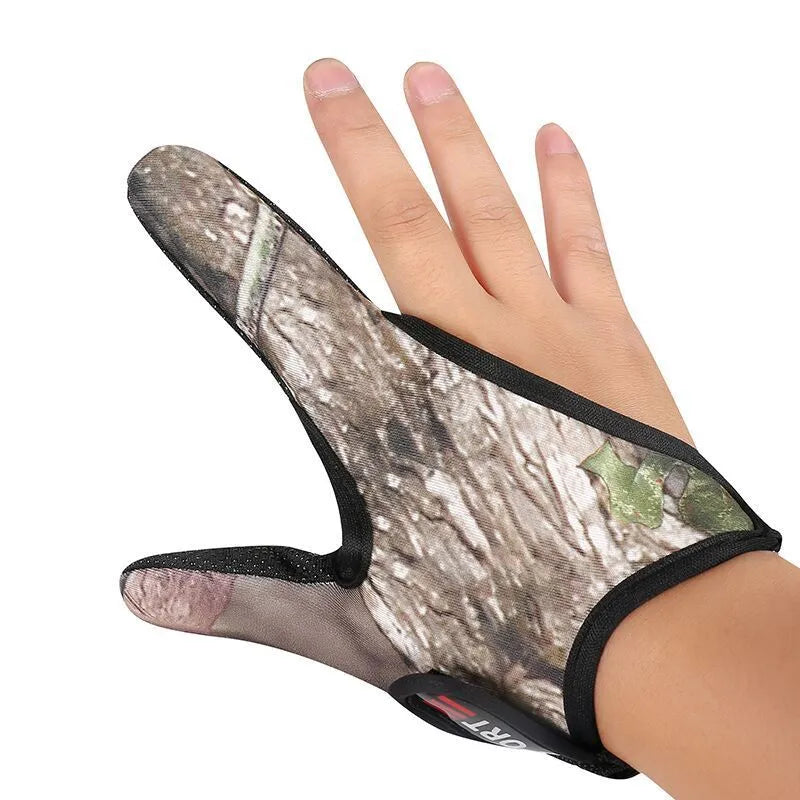 Two-finger fishing tackle glove in black colour, showing diving cloth back and microfiber palm material.