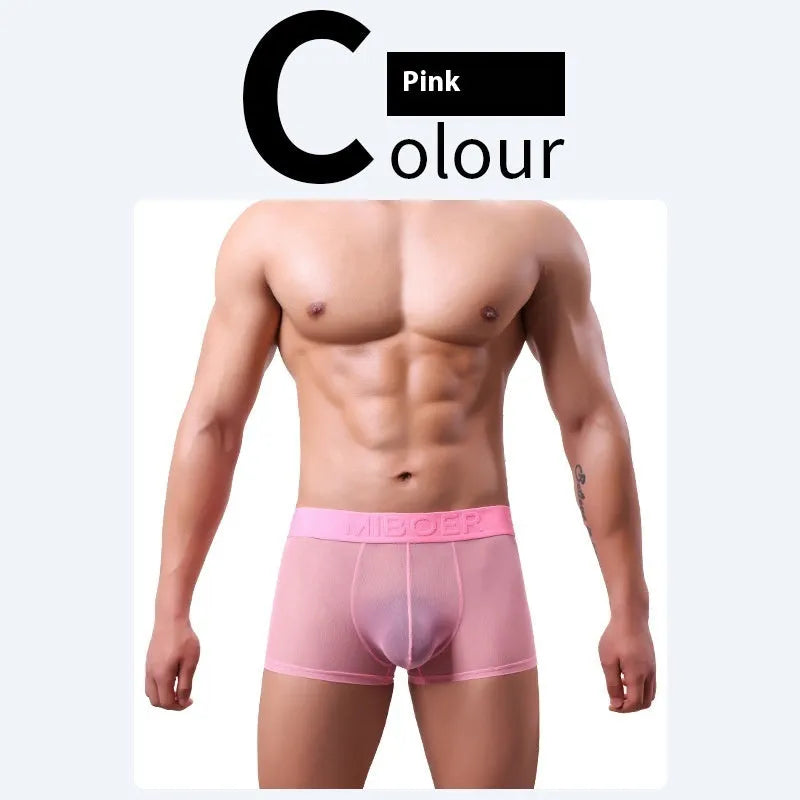 Men's thin invisible breathable boxer shorts in six colour options showing quick-dry polyester fabric construction