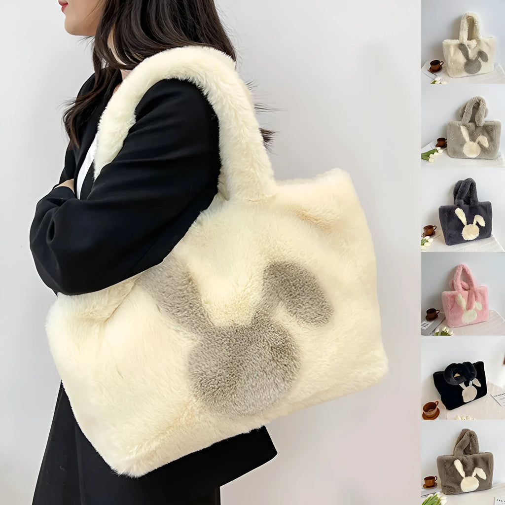 Plush cartoon rabbit ears shoulder bag in solid colour with large capacity design