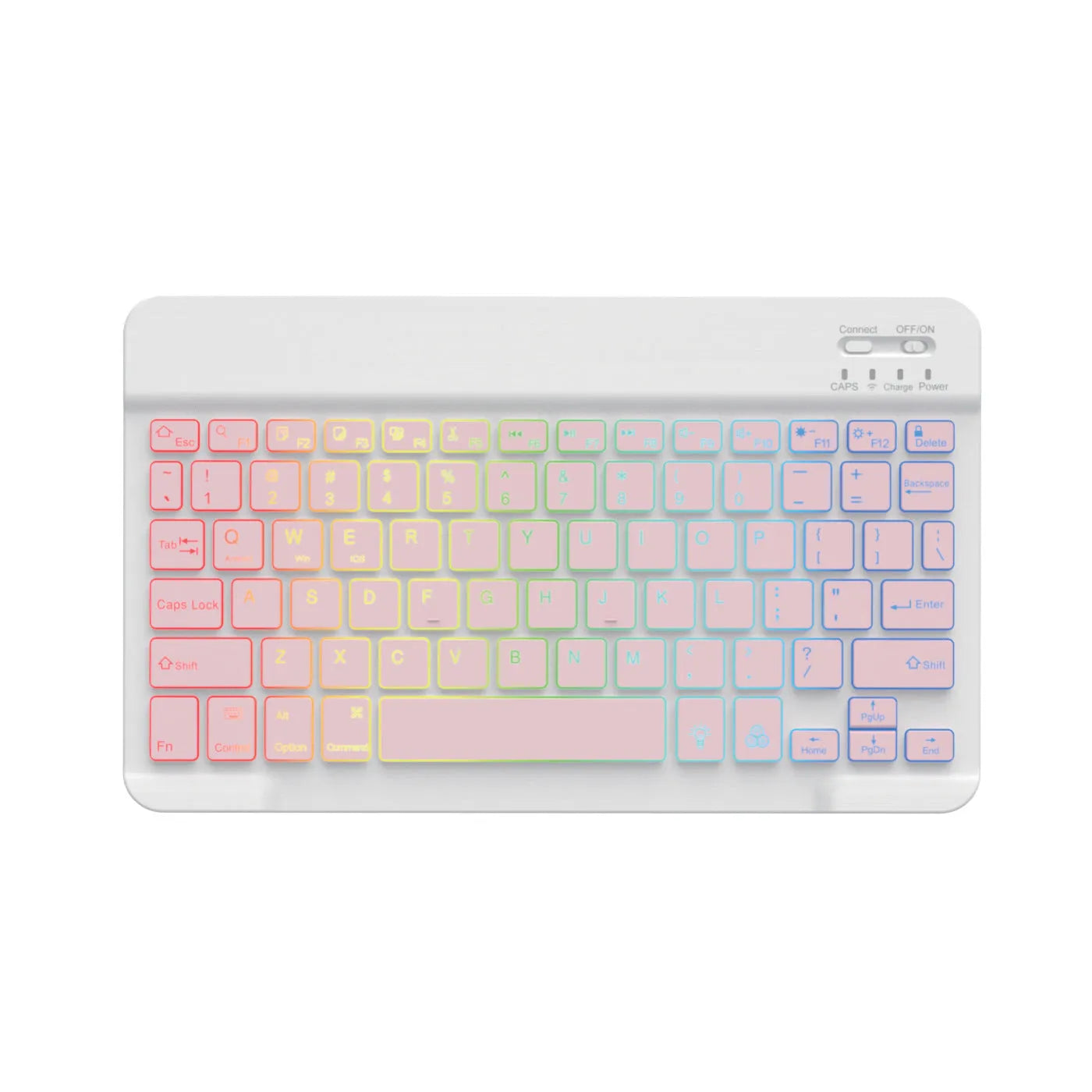 10-inch black Bluetooth keyboard with colourful blue backlighting, shown with a charging cable.