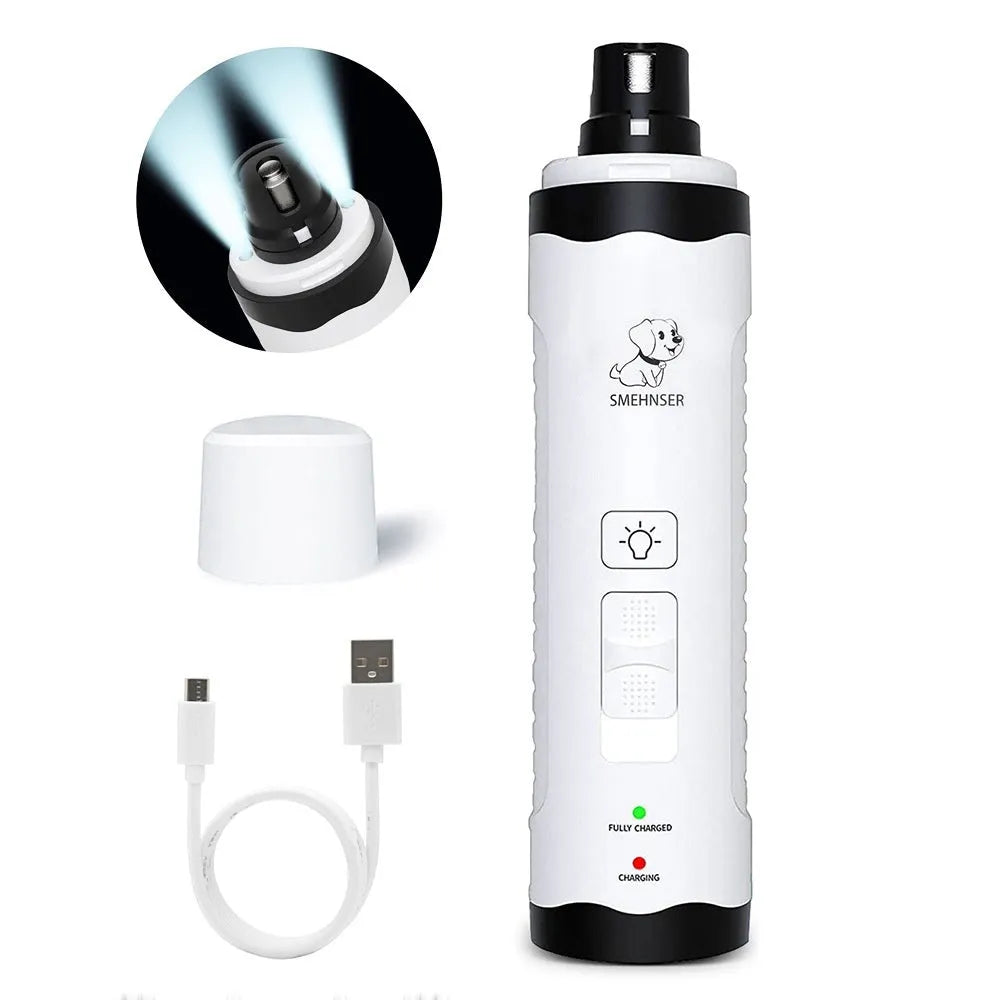 Electric dog nail trimmer with LCD display showing power levels and dust collection system