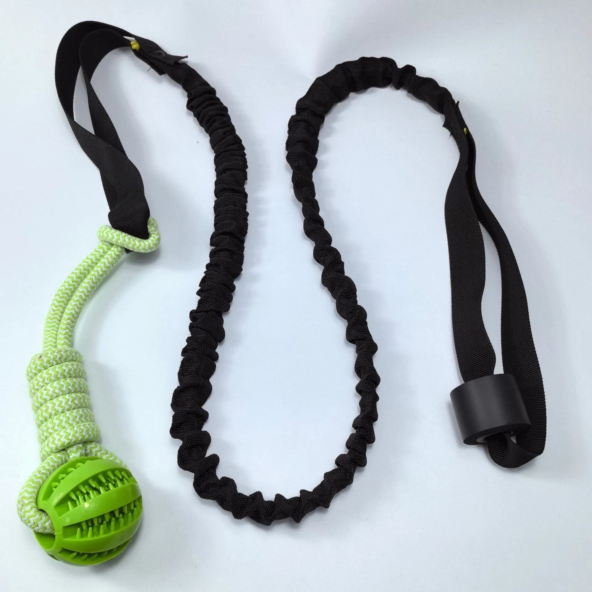 Green cotton rope dog tug toy with ball topper for tug of war games