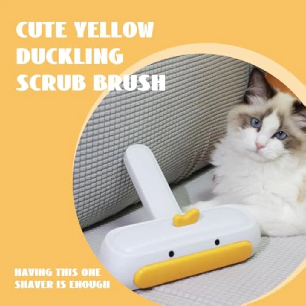 Portable pet hair remover with yellow duck design and polyester bristles for furniture and car seat cleaning