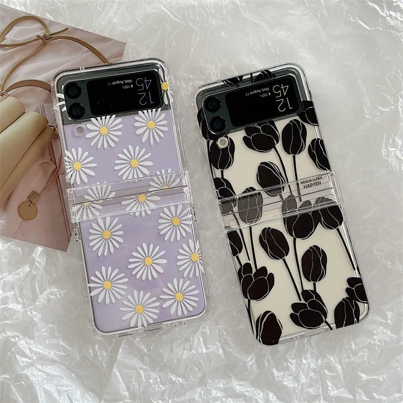 Samsung Galaxy Flip phone case with flower pattern and folding screen protector in clear PC material