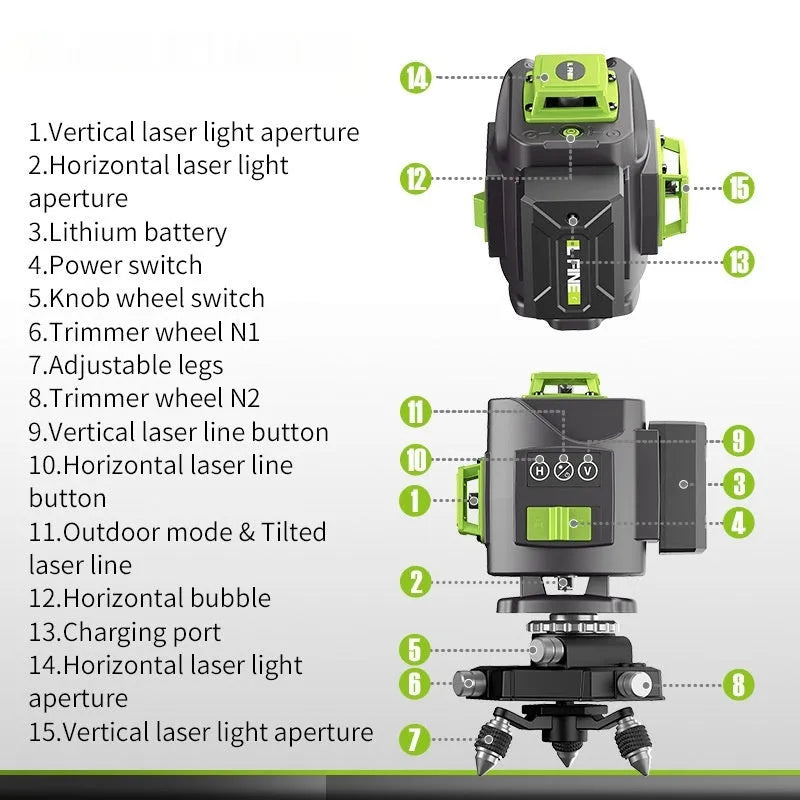16 line green laser level tool with nylon and aluminium housing for 3D alignment projects