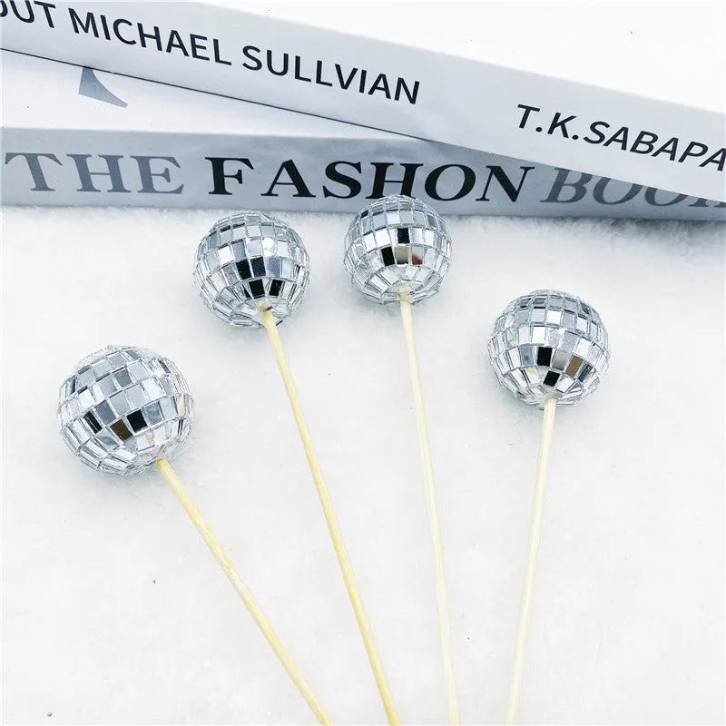 Glass disco ball cake decoration with wooden stick in various sizes from 2.5cm to 5cm