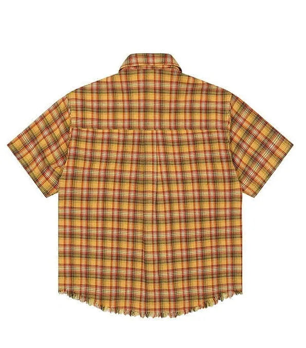 Yellow plaid short sleeve shirt with embroidery pocket detail